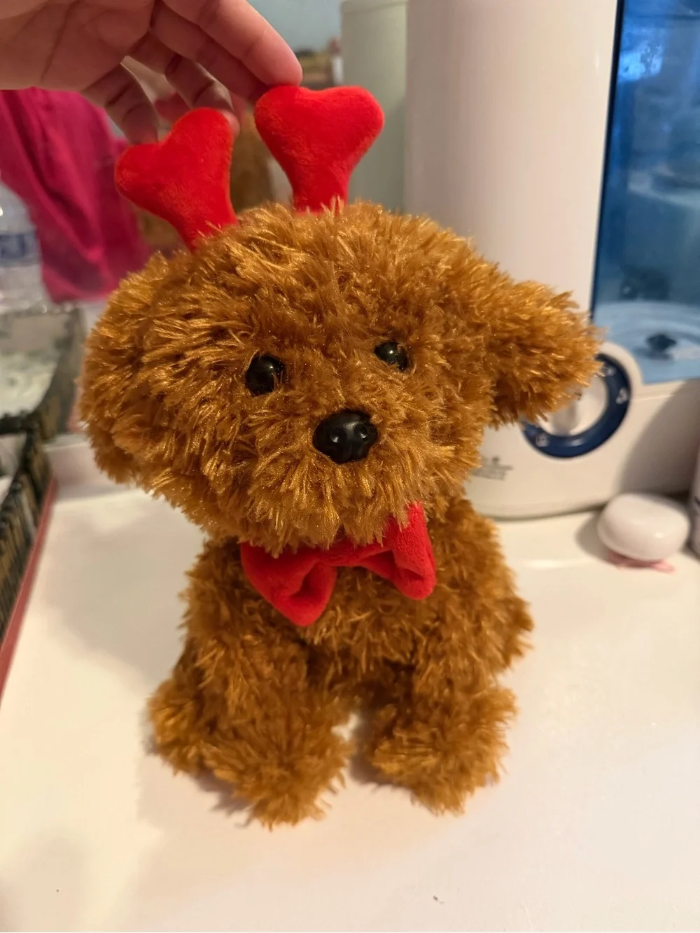 Plush Brown Puppy Dog Toy with Red Bow